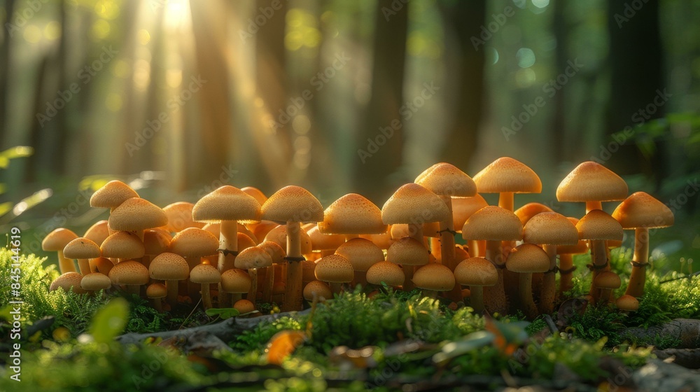 A group of mushrooms growing on the forest floor, with sunlight streaming through the trees. A group of mushrooms growing on the forest floor, with sunlight streaming through the trees.