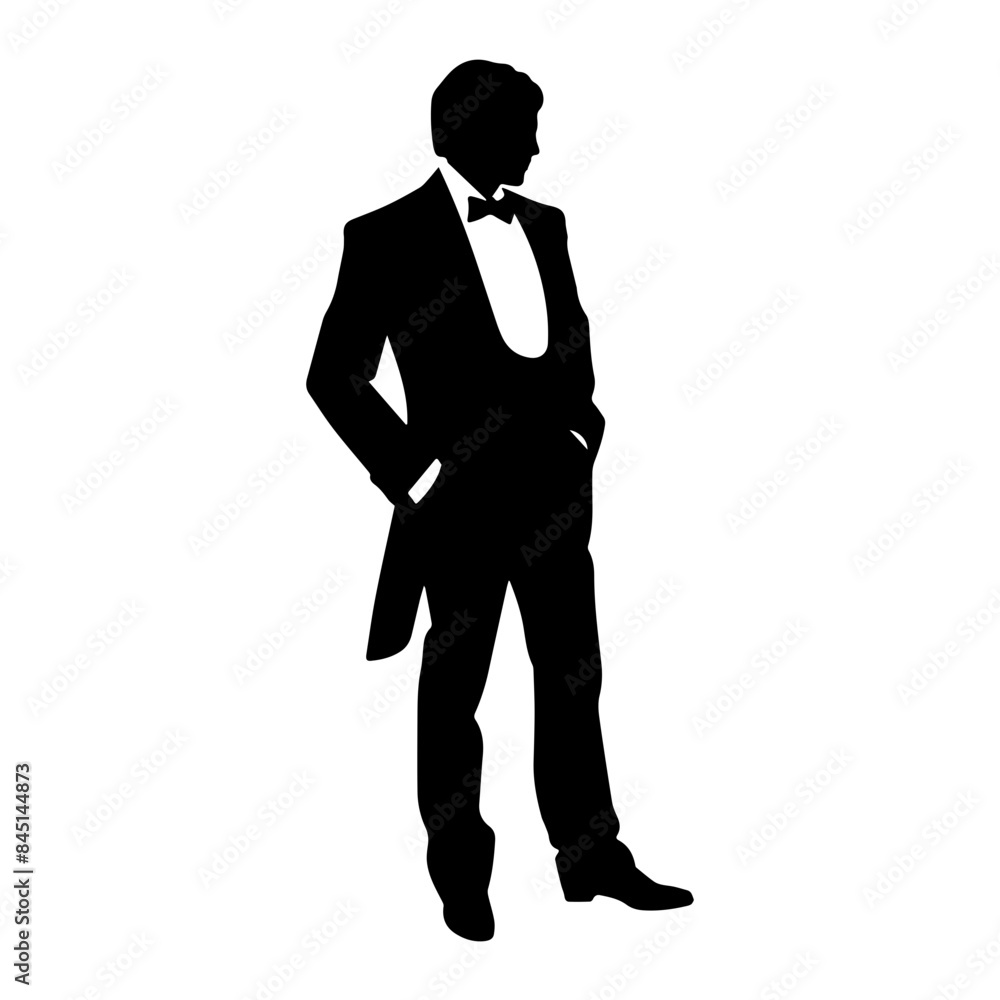 A silhouette of a man wearing a tuxedo, standing with his hands in his pockets A silhouette of a man wearing a tuxedo, standing with his hands in his pockets