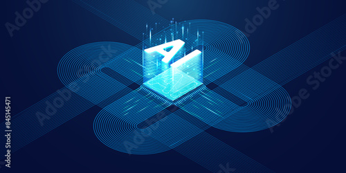 Abstract digital technology background. Isometric AI chip with AI hologram with circuit tech bg. Connected lines electric lightning. Bright light neon blue quantum CPU processor. Vector illustration.