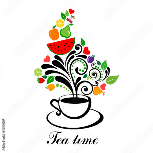 Fruit tea. Warming drinks Ice tea summer drinks special promotions design. Fresh yummy drinks, beverage, soft drinks. Tea time, tea ceremony, party. Icon, simbol, object for label, packaging, menu