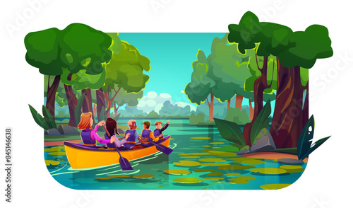 Young people kayaking on tropical river. Vector cartoon illustration of men and women sitting in wooden boat with oars in hands, paddling on lake in green rainforest with trees, active vacation
