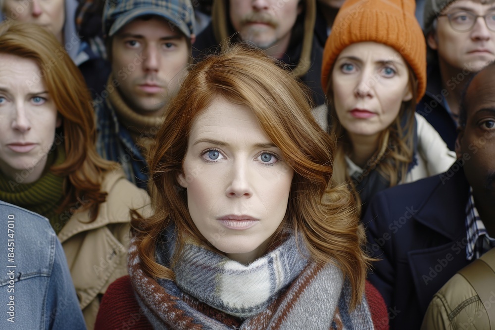 Portrait of a red-haired woman in front of a group of people Portrait of a red-haired woman in front of a group of people