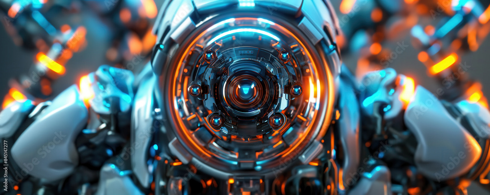 Intricate metallic mechanism with orange and blue lights front view futuristic technology innovation Intricate metallic mechanism with orange and blue lights front view futuristic technology innovation