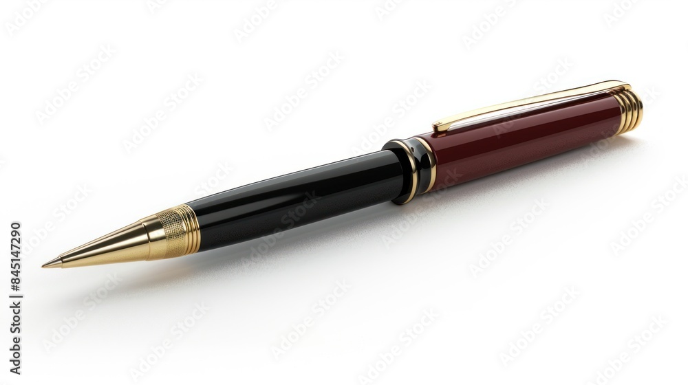 Elegant writing pen with gold tip writes on white paper. separated from the white background