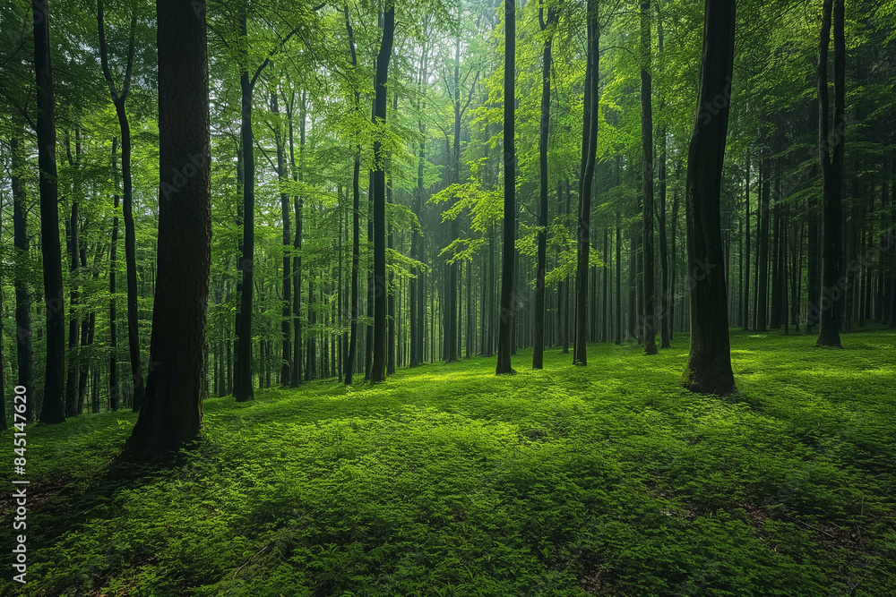 Sunlight streaming through a dense forest, illuminating the lush green undergrowth. Nature and tranquility concept. Design for wallpaper, environmental poster ,gennerlative ai Sunlight streaming through a dense forest, illuminating the lush green undergrowth. Nature and tranquility concept. Design for wallpaper, environmental poster ,gennerlative ai