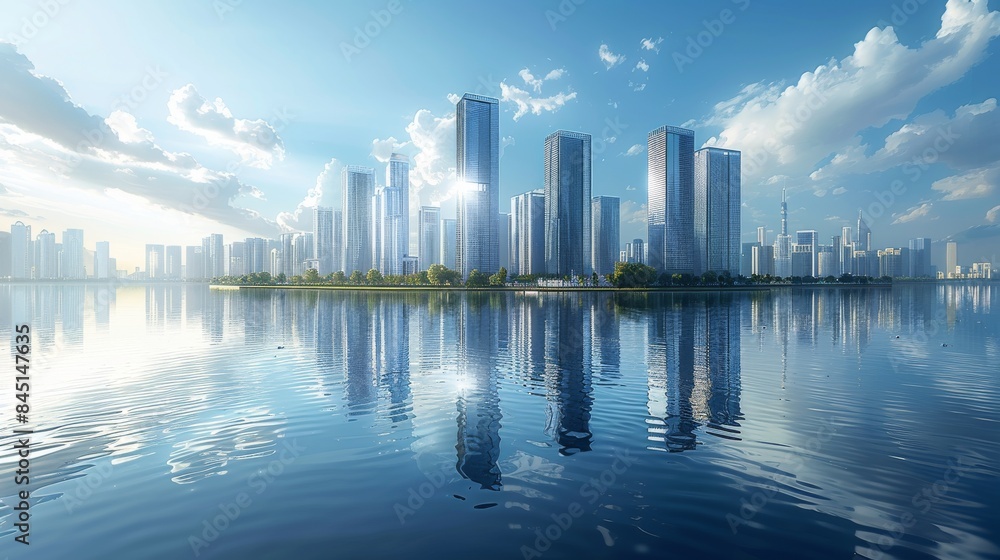 Vibrant Urban Skyline: High Detail Glass Buildings in Modern Cityscape under Bright Blue Sky