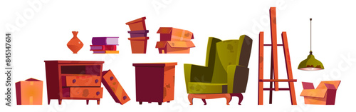 Old art studio furniture set isolated on white background. Vector cartoon illustration of dirty broken armchair, dusty wooden drawer, table and easel, cardboard boxes, pile of books, stack of vases