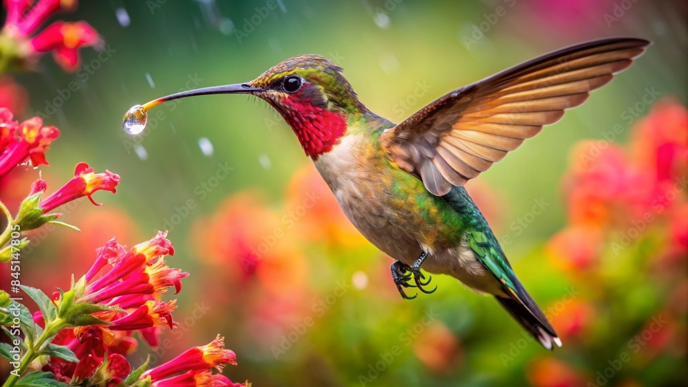 Fototapeta premium Ultra hd macro Colorful humming bird are flying near flowers and pecking at water droplets falling from beautiful wild flowers pollen.