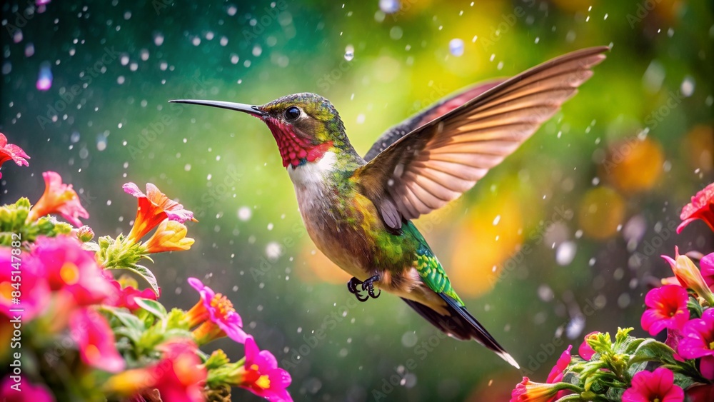 Fototapeta premium Ultra hd macro Colorful humming bird are flying near flowers and pecking at water droplets falling from beautiful wild flowers pollen.