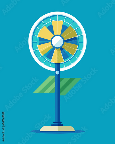 This innovative fan harnesses the power of the sun to create a refreshing breeze wherever you are.. Vector illustration