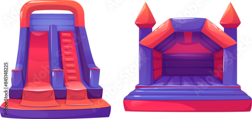 Inflatable bouncy house set isolated on white background. Vector cartoon illustration of inflated toy castle with stairs, slide for kids fun, themed entertainment park equipment front and inside view