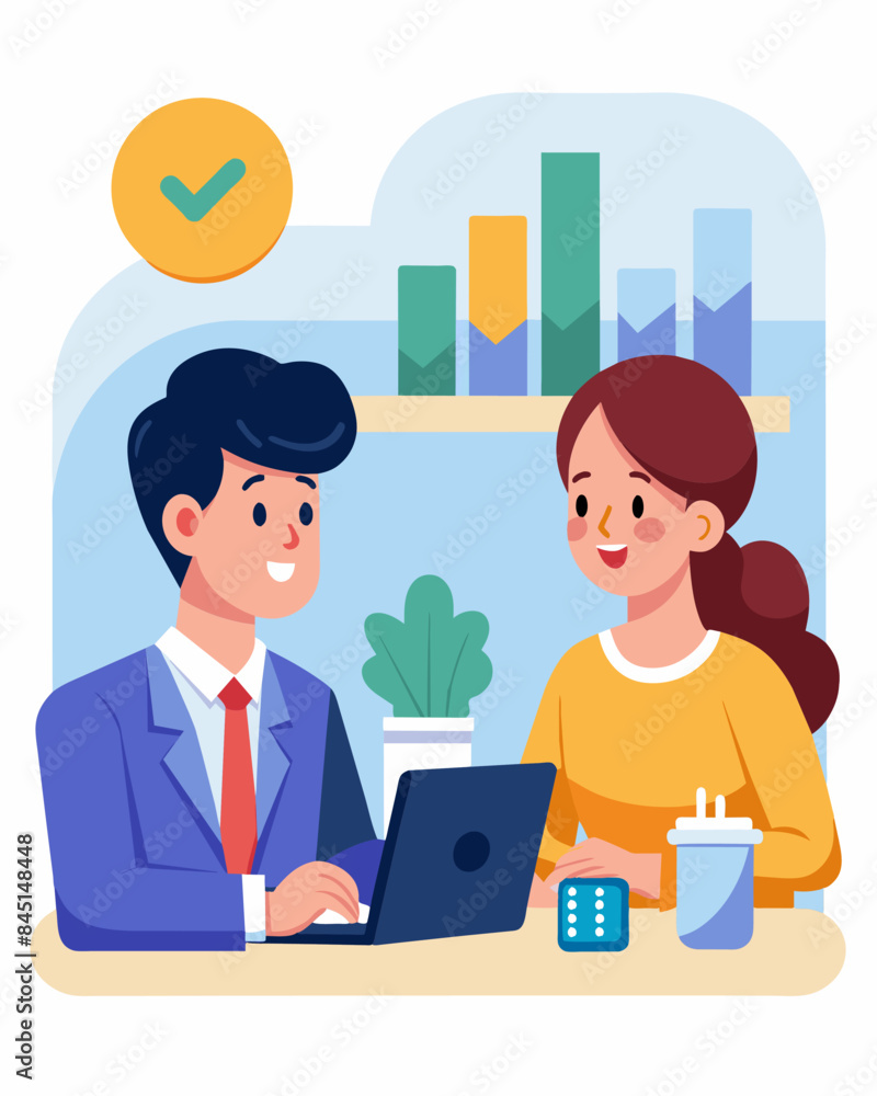 A young professional seeks guidance from their financial advisor on how to navigate the complexities of taxes and investments for their growing income.. Vector illustration A young professional seeks guidance from their financial advisor on how to navigate the complexities of taxes and investments for their growing income.. Vector illustration