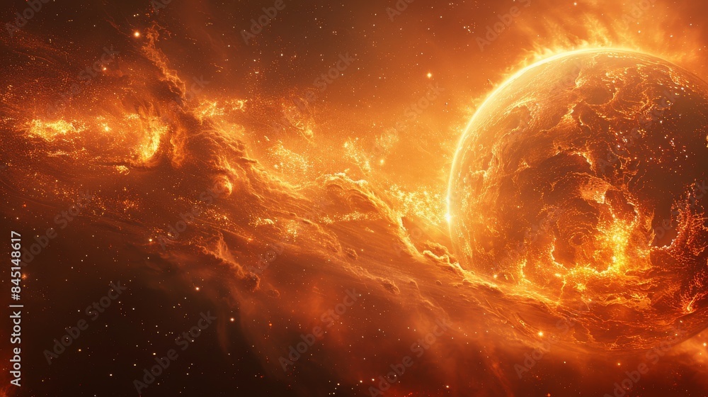 Fiery Cataclysm in Space: Burning Planet with Lava Flows and Vibrant Orange Hues, Dramatic Cosmic Scene with High Detail Fiery Cataclysm in Space: Burning Planet with Lava Flows and Vibrant Orange Hues, Dramatic Cosmic Scene with High Detail