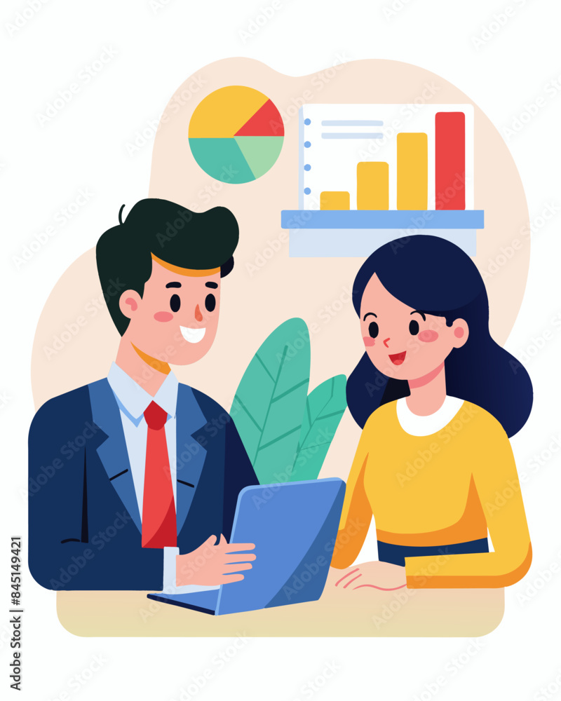 A young entrepreneur meets with her financial advisor to discuss funding options for her new business venture and how to manage her personal finances while starting a company.. Vector illustration A young entrepreneur meets with her financial advisor to discuss funding options for her new business venture and how to manage her personal finances while starting a company.. Vector illustration