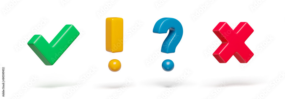 Obraz premium Right, wrong and exclamation, question check marks on white set. Acceptance, rejection, interrogation and attention signs three-dimensional rendering vector illustration