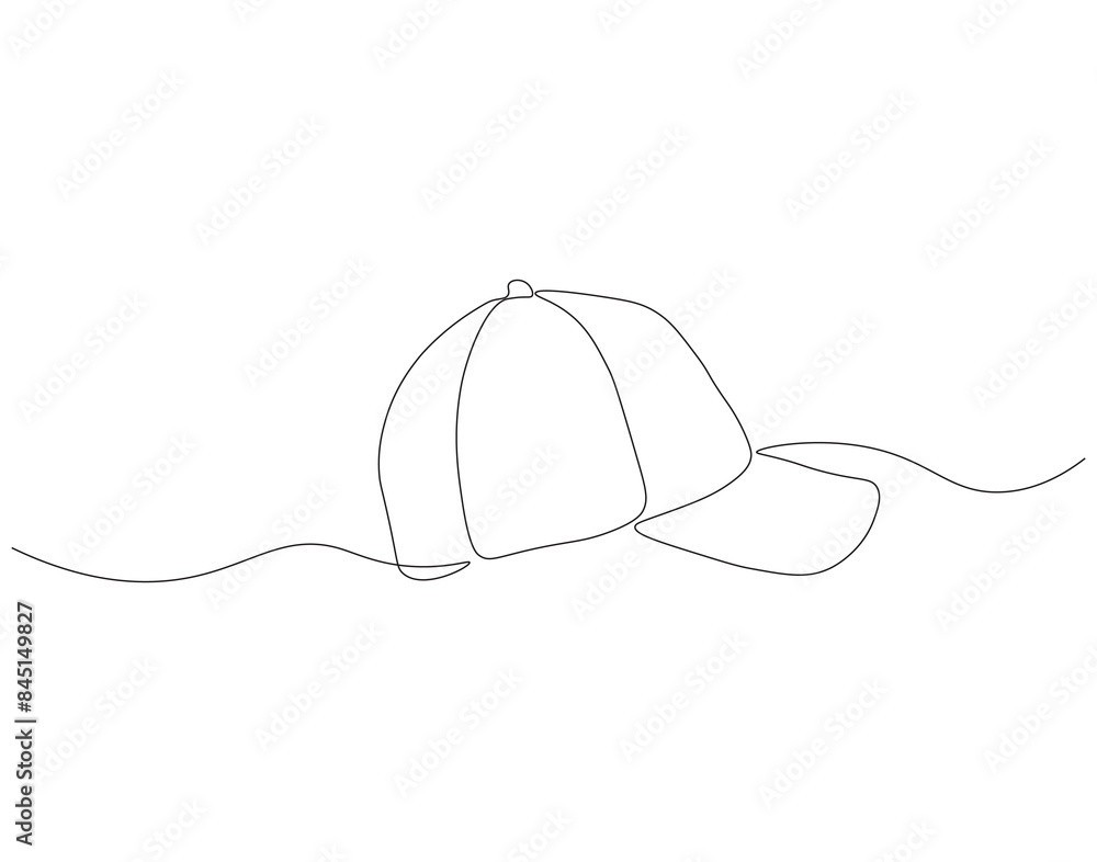 Continuous one line drawing of cap. One line drawing illustration of hiking adventure cap. Head accesories concept continuous line art. Editable outline.