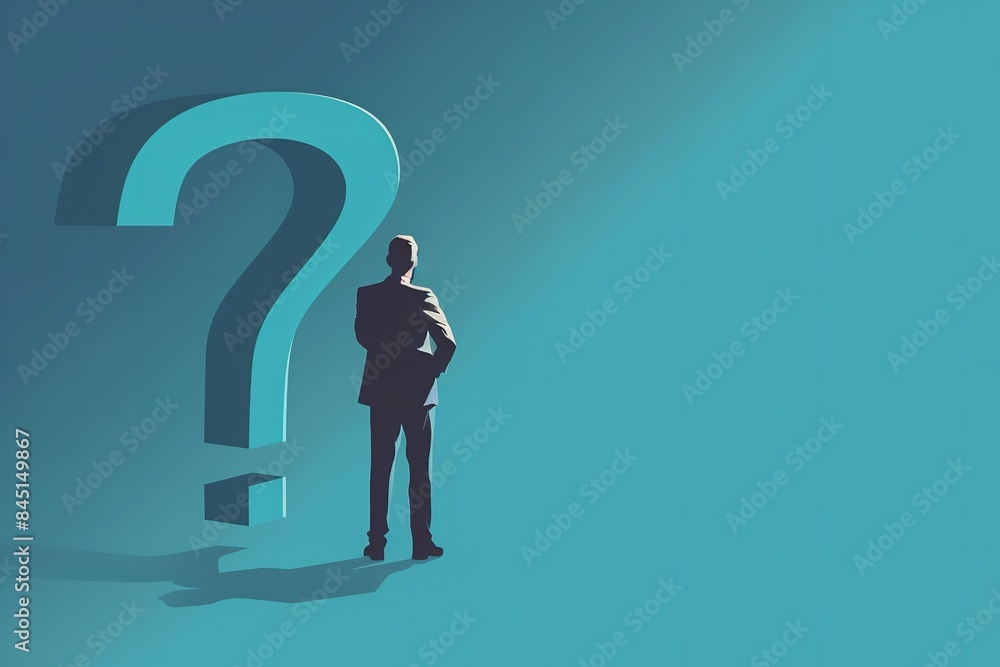 Obraz premium A businessman is standing atop a large question mark. Example of a business concept illustration, Generative AI.
