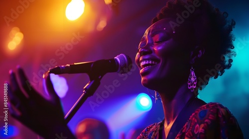 A female artist is seen performing from a low vantage point, grinning and raising her hands to the crowd as she sings, Generative AI.