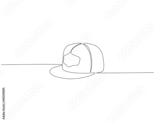 Continuous one line drawing of cap. One line drawing illustration of hiking adventure cap. Head accesories concept continuous line art. Editable outline.