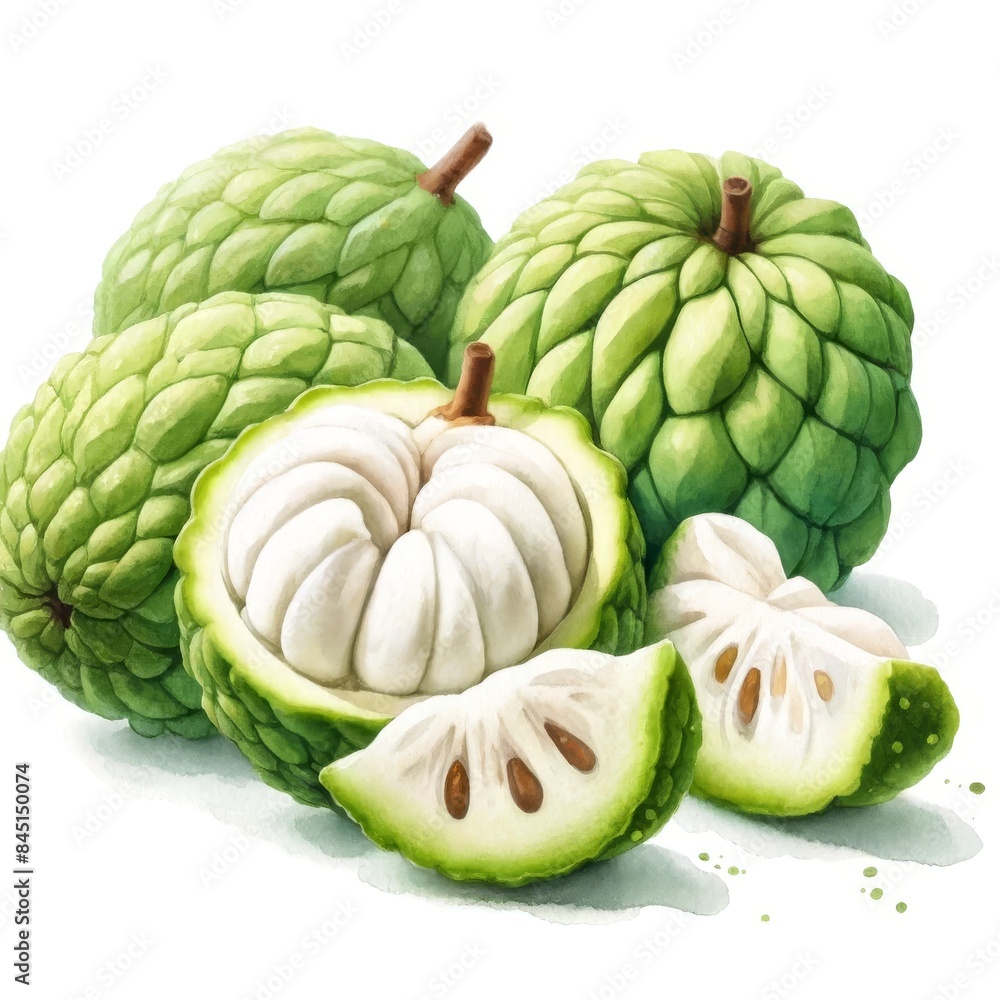 Watercolor illustration of fresh cherimoya with green scaly skin and white creamy flesh. The fruits are shown on a white background, emphasizing their unique texture and tropical flavor. Watercolor illustration of fresh cherimoya with green scaly skin and white creamy flesh. The fruits are shown on a white background, emphasizing their unique texture and tropical flavor.