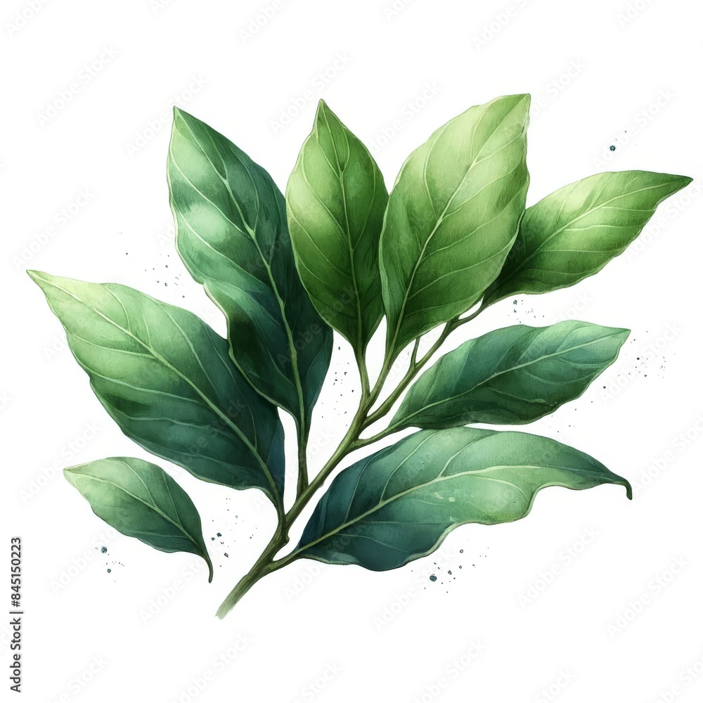 Obraz premium Watercolor illustration of fresh bay leaves. The herb is depicted on a white background, showcasing its vibrant green color and detailed texture.