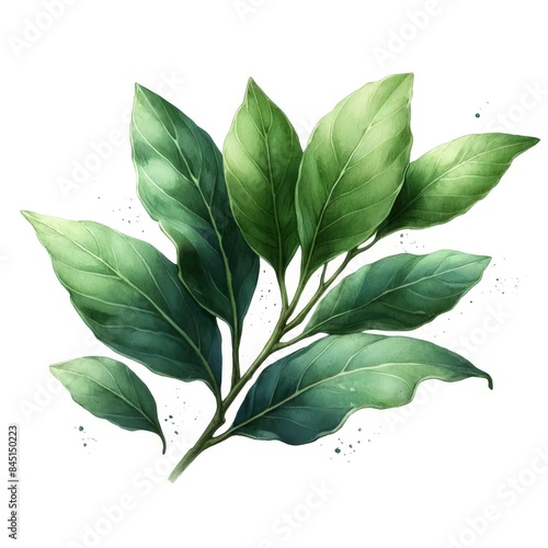 Watercolor illustration of fresh bay leaves. The herb is depicted on a white background, showcasing its vibrant green color and detailed texture.