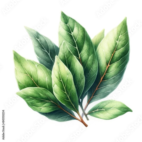Watercolor illustration of fresh bay leaves with detailed green foliage. The herb is depicted on a white background, showcasing its vibrant color and texture.