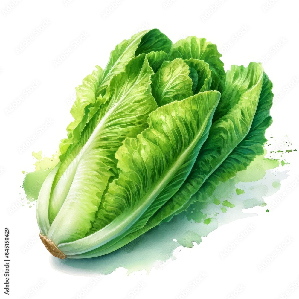 Watercolor illustration of fresh romaine lettuce with crisp green leaves. The vegetable is depicted on a white background, highlighting its fresh and crunchy appearance. Watercolor illustration of fresh romaine lettuce with crisp green leaves. The vegetable is depicted on a white background, highlighting its fresh and crunchy appearance.