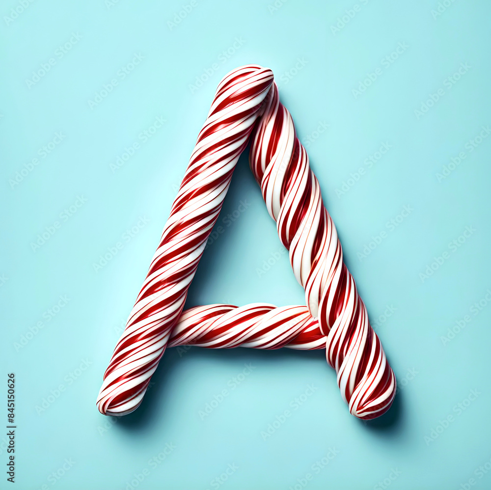 Obraz premium Christmas decoration - the letter / initial uppercase (capitalized) A in red and white candy cane sticks on a pale baby blue background - 
