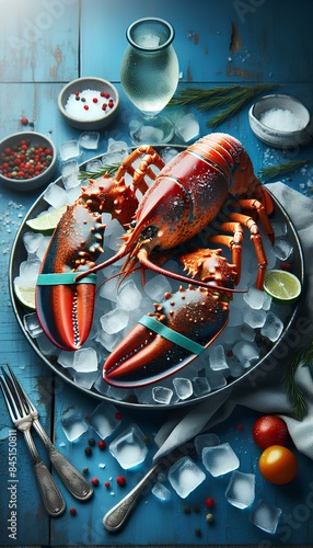 Fresh Lobster on Ice with Spices and Herbs on a bed of ice with spices and herbs. The lobster is ready to be cooked and enjoyed.