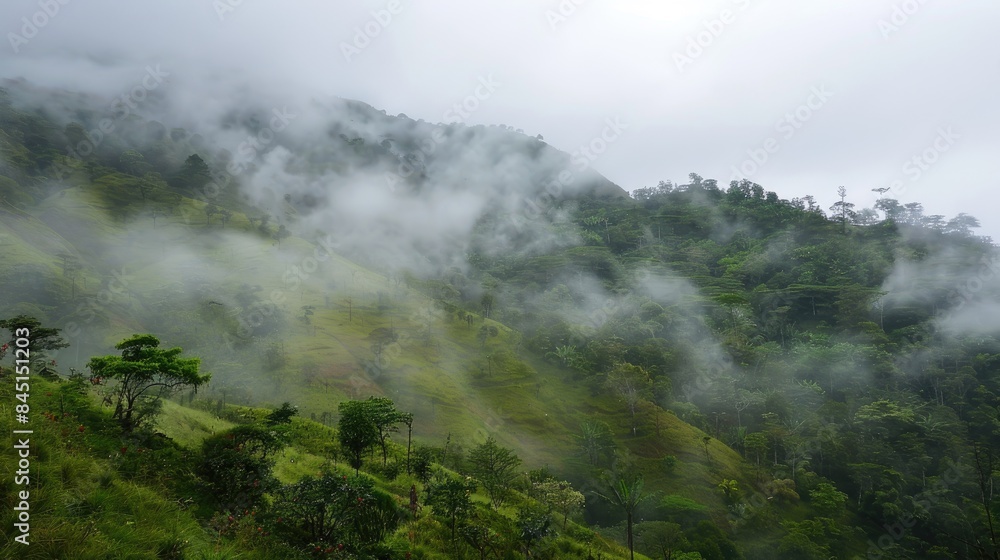 Fototapeta premium Hillside covered in mist following an afternoon rain