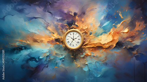 nglish


 Colourful swirls adorn a clock in a vibrant painting photo