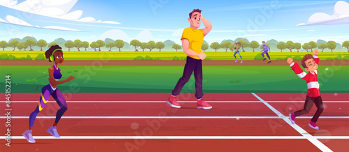 Active people running on stadium. Vector cartoon illustration of slim african woman jogging, father looking at happy son exercising outdoors, athletes training on sunny summer day, healthy lifestyle