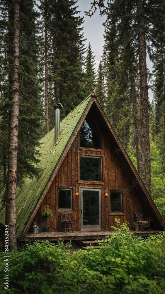 A modern triangular-shaped forest cabin in Alaska, visualized from a real source. A modern triangular-shaped forest cabin in Alaska, visualized from a real source.