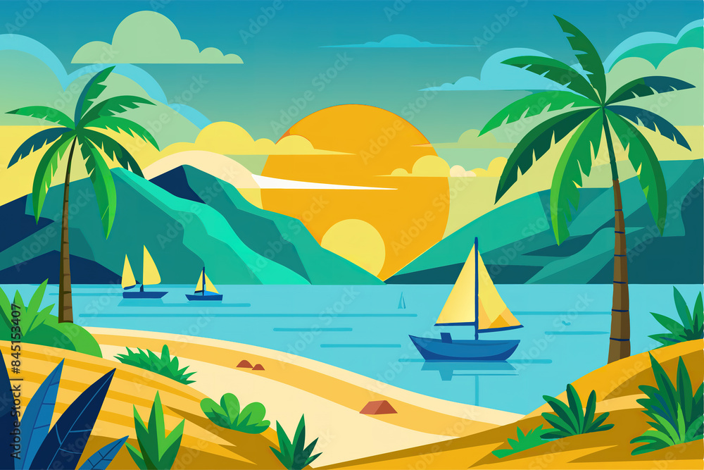 Obraz premium Cartoon summer beach vacation, Tropical Palm tree, ocean or sea seashore Paradise nature background illustration Ganaretive AI