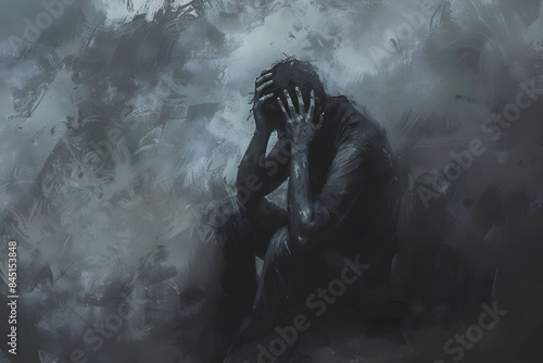 A sad depressed man dealing with emotional pain, sitting alone with a worried expression, hands raised to his head, set against a misty dark background.