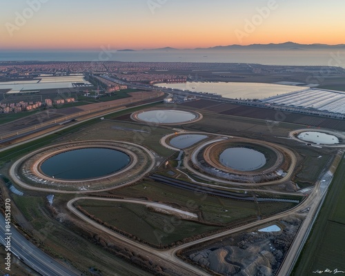 Panoramic view of modern greenhouse complex at sunset, showcasing innovative cultivation solutions