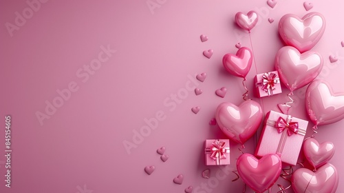 Pink Heart Balloons for Birthday. Beautiful pink birthday setup with heart-shaped balloons, gifts, and a festive backdrop.
