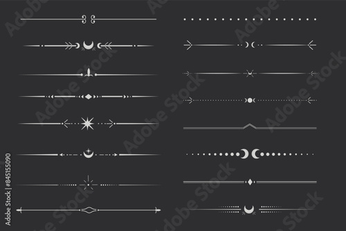 Silver celestial divider thin line border decoration. Collection tribal with moon, stars and arrows mystical separators. Modern ornament minimal set isolated on dark background.