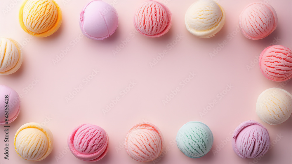 Bunte Eiskugeln auf einem rosa Hintergrund, angeordnet als Rahmen in der Draufsicht mit Freiraum in der Mitte für Text, Sommerliche Erfrischung Bunte Eiskugeln auf einem rosa Hintergrund, angeordnet als Rahmen in der Draufsicht mit Freiraum in der Mitte für Text, Sommerliche Erfrischung
