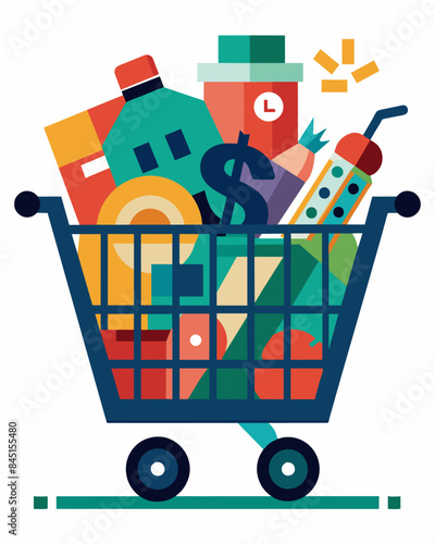 The sply stocked shopping cart hints at the difficult decisions shoppers must make as they try to stretch their limited budget.. Vector illustration