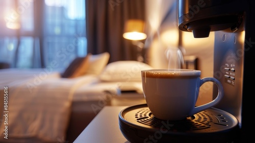 Hotel Room Coffee Moment. Warm morning light illuminates a freshly brewed cup of coffee in a hotel room, creating a cozy and inviting atmosphere.
