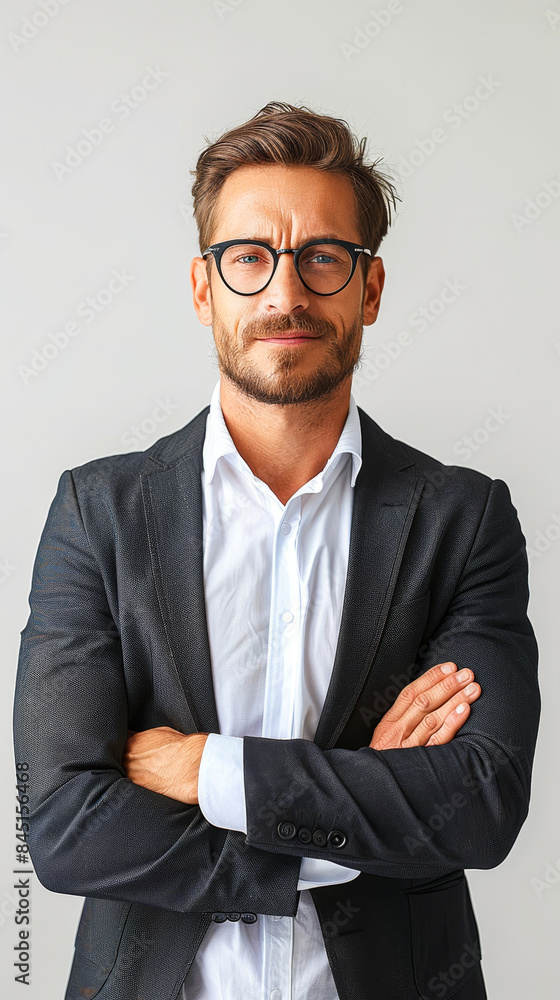 Confident Young Businessman in Suit and Glasses with Arms Crossed on White Background Confident Young Businessman in Suit and Glasses with Arms Crossed on White Background