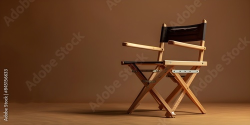 Wooden film director chair in modern design on brown isolated background. Concept Furniture, Wooden Chair, Film Director Chair, Modern Design, Brown Background photo