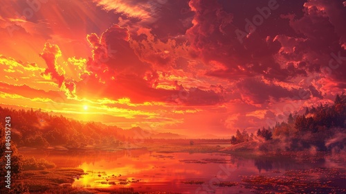 Beautiful and stunning scenery Red sunset sky dramatic clouds and sunny weather in a natural eco system photo