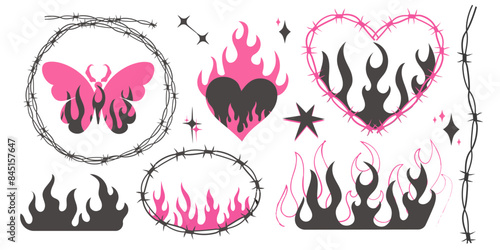 Set Barbed wired Heart with flame y2k gothic tattoo neo tribal, bytterfly punk isolated on white background. Retro 90s decoration, emo symbol. Love, romantic shape.