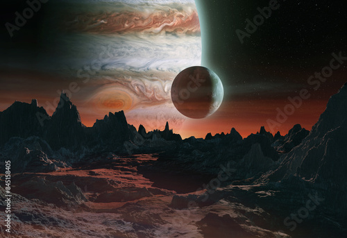 Bilde på lerret 3D rendering of misty icy moon with gargantuan planet Jupiter above rocky moon -