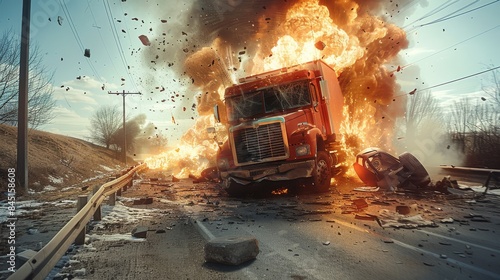 Vehicular accident, Cargo trucks collide hitting a car on a country road. Explosion under the car. Generative AI.