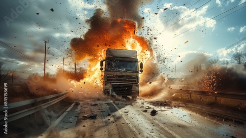 Vehicular accident, Cargo trucks collide hitting a car on a country road. Explosion under the car. Generative AI. © visoot