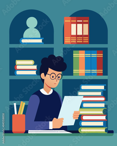 In a quiet library a person pores over books on how to write a killer resume while a Help Wanted sign pokes out from behind a stack of books in the background.. Vector illustration